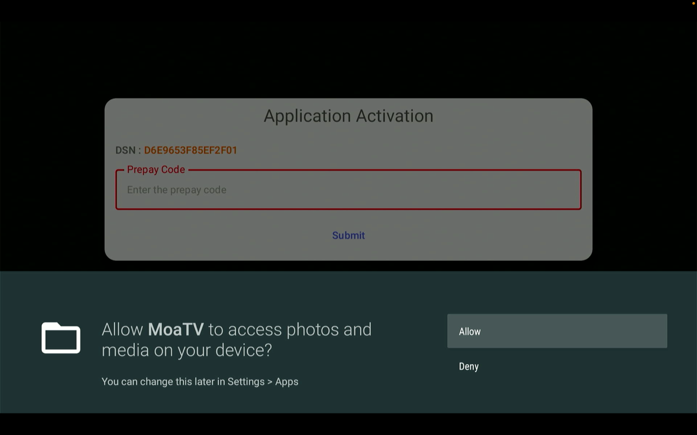 Allow access and enter your activation code